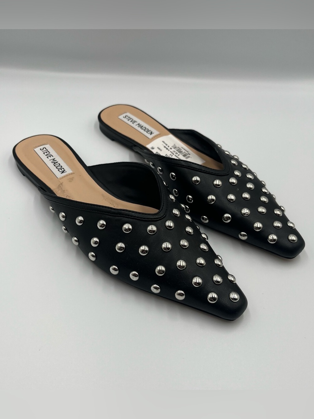 Steve Madden Marela Black Leather Studded Pointed Toe Mules Flats Sz 8.5